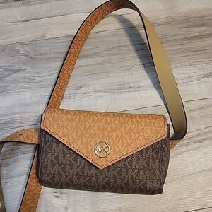 Michael Kors Belt Fanny Pack Wallet L XL‎ New Authentic Brown Signature Logo NWT